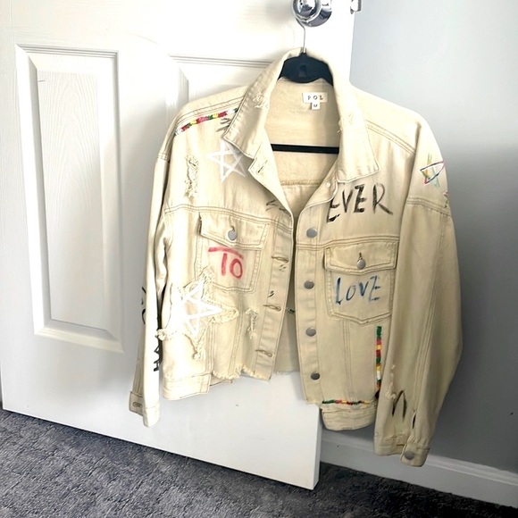 Painted distressed Jean denim‎ jacket with graffiti new Medium - Picture 1 of 8